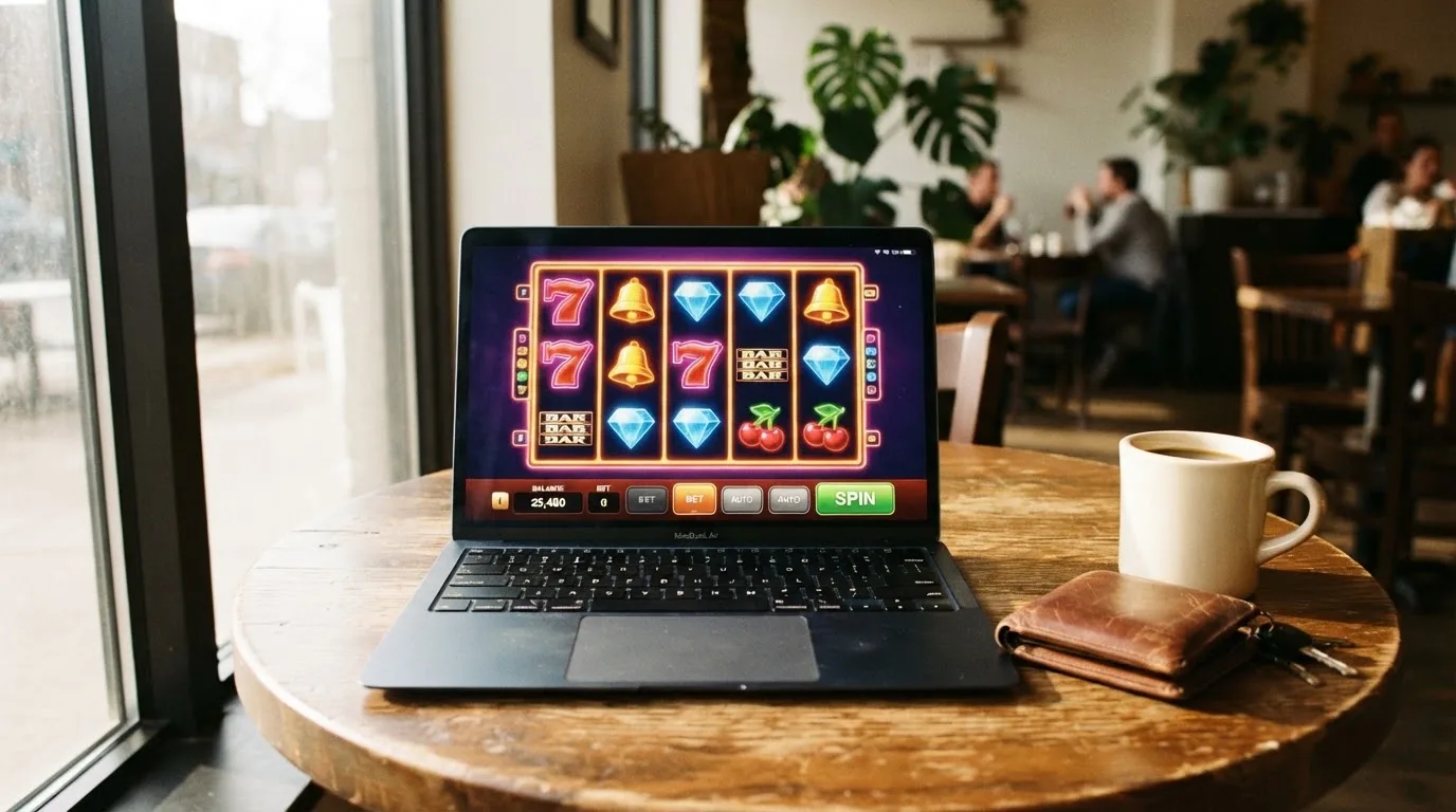 Laptop deschis pe o masă de cafenea, lângă un portofel de piele și o cană, cu lumina după-amiezii pe suprafața mesei.