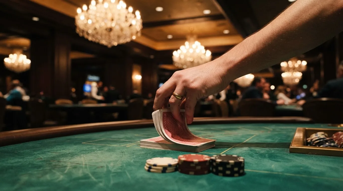 Mâinile unui crupier amestecă cărțile sub candelabrele unui cazinou elegant — dogecoin cazinou în romania