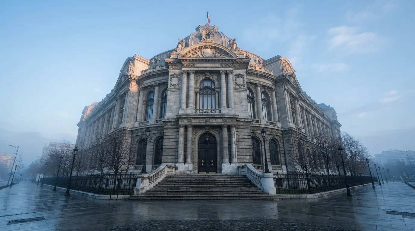 Fațada de piatră a unei clădiri guvernamentale din București, în lumina rece a zorilor — dogecoin cazinou în romania