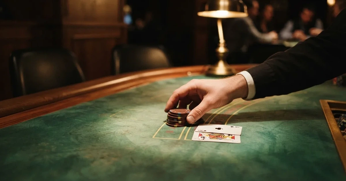 Mâini de crupier aranjând jetoane pe o masă de poker, în lumina unui spot — joacă blackjack în românia