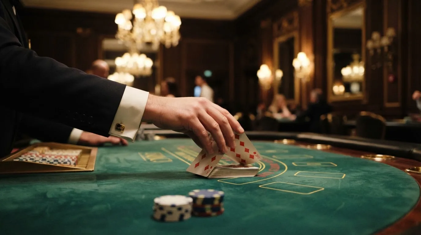 Mâinile unui crupier amestecă cărțile sub candelabrele unui cazinou elegant — joacă blackjack în românia