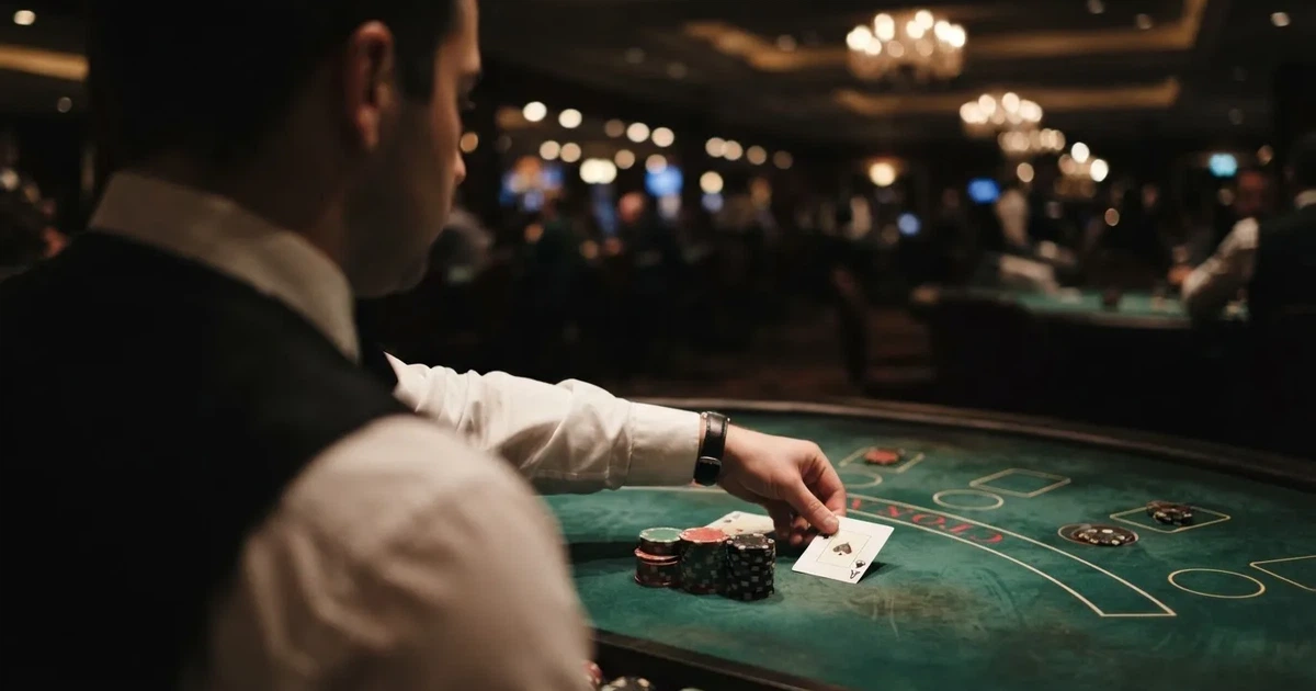 Un crupier în vestă neagră împarte cărți la o masă de blackjack, sub spoturi calde — jocuri de blackjack în românia