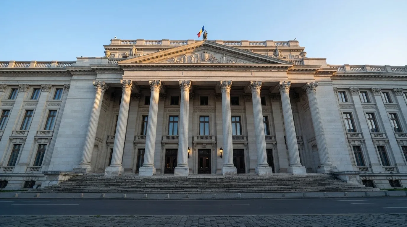 Fațada de piatră a unei clădiri guvernamentale din București, în lumina rece a zorilor — jocuri de blackjack în românia