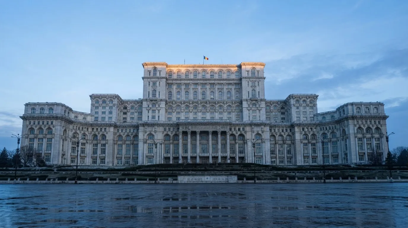 Fațada de piatră a unei clădiri guvernamentale din București, în lumina rece a zorilor — jocuri de ruletă în română
