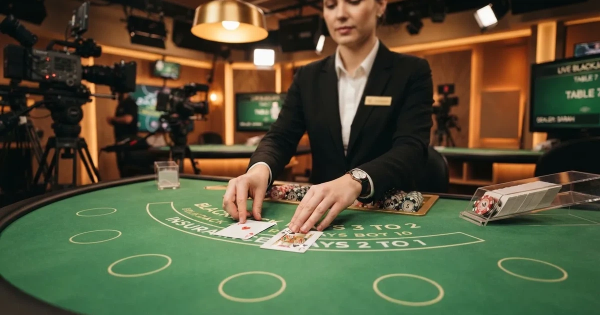 Dealer în uniformă elegantă împarte cărți de blackjack pe o masă cu postav verde într-un studio luminat cald, cu camere de filmat în fundal.
