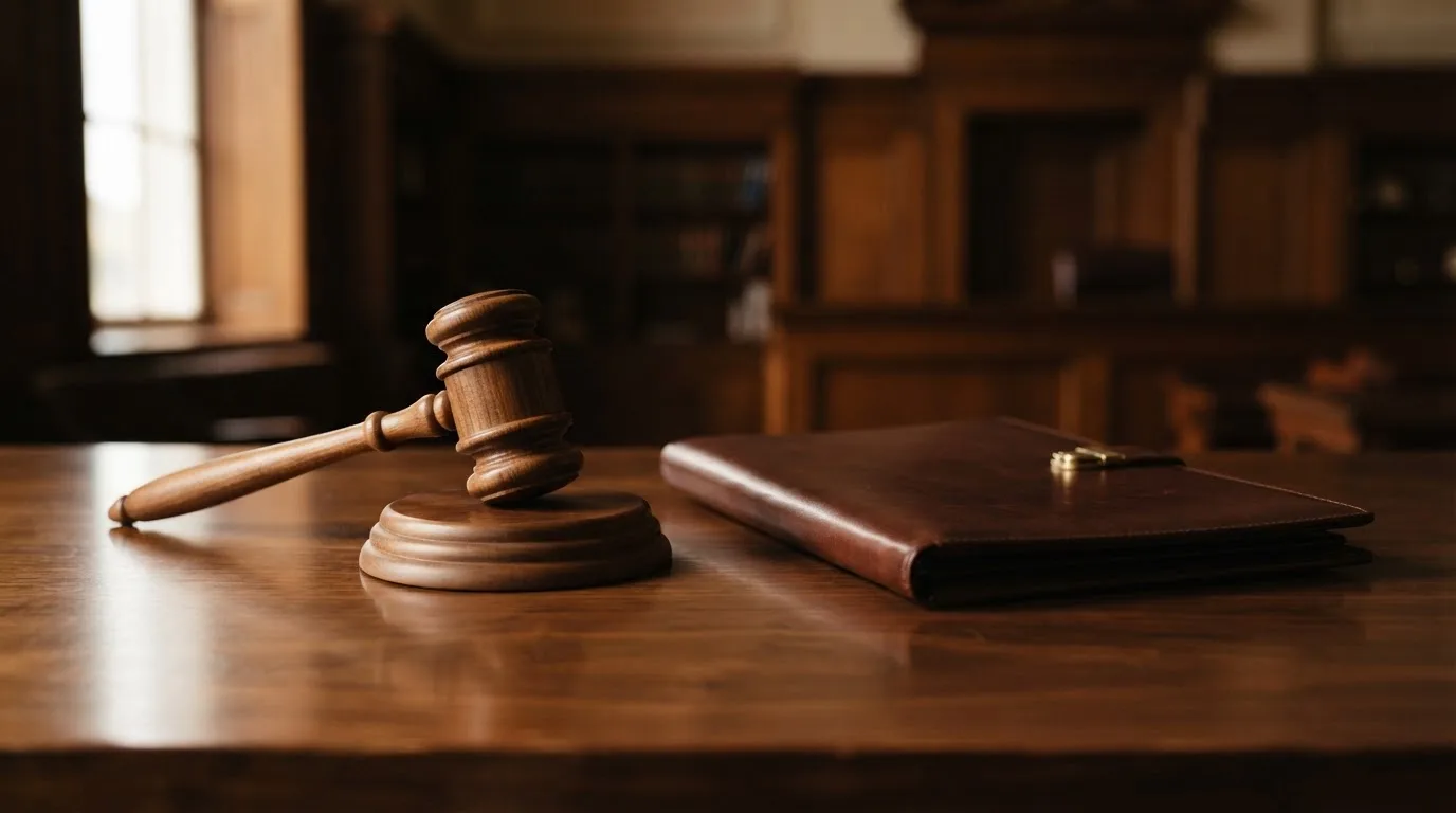 Un ciocan de judecător lângă un dosar de piele închis, pe o masă de nuc lustruit — păcănele cu mod demo în românia