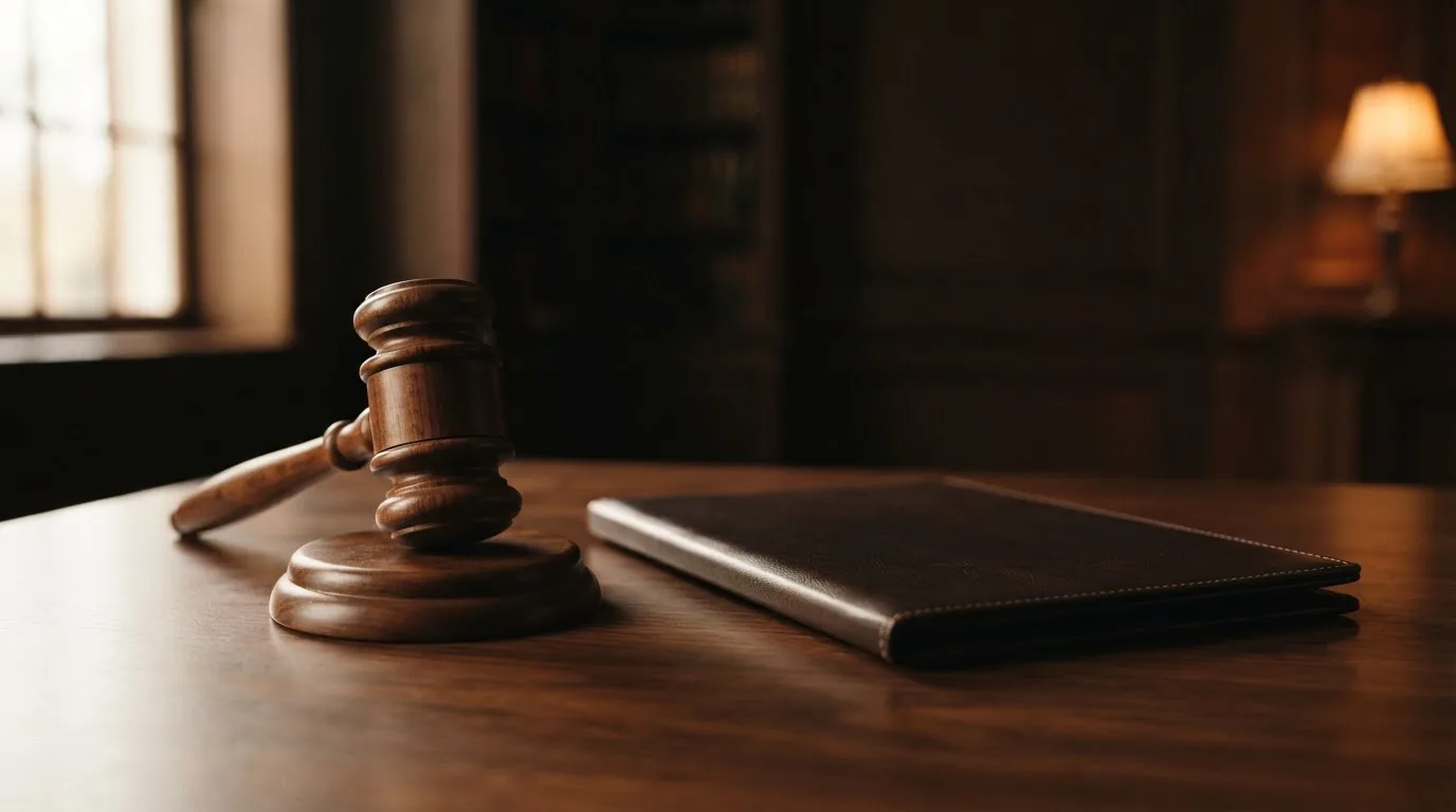 Un ciocan de judecător lângă un dosar de piele închis, pe o masă de nuc lustruit — păcănele fără depunere în românia
