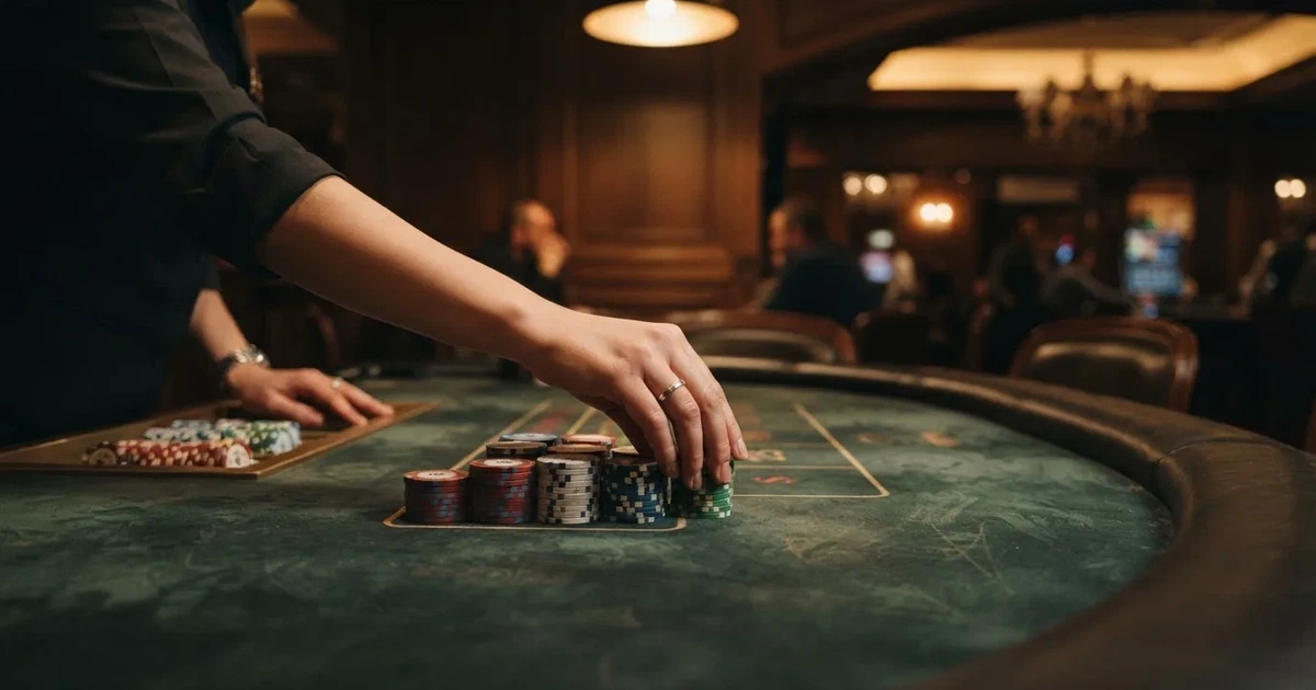 Mâini de crupier aranjând jetoane pe o masă de poker, în lumina unui spot — păcănele gratis în românia