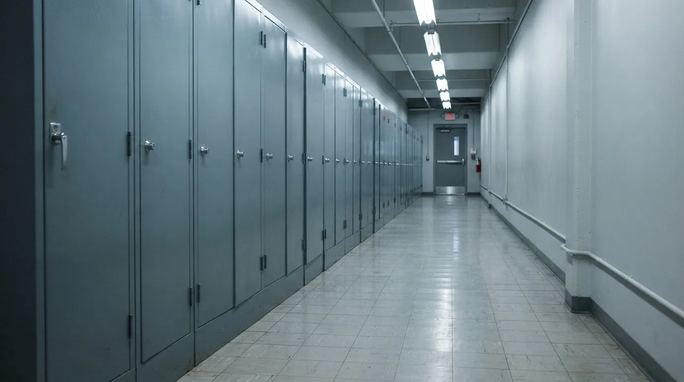 Un șir de dulapuri metalice încuiate pe un coridor lung, luminat de neoane palide — păcănele gratis în românia