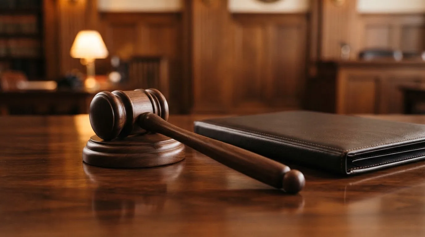 Un ciocan de judecător lângă un dosar de piele închis, pe o masă de nuc lustruit — păcănele pe bani în românia