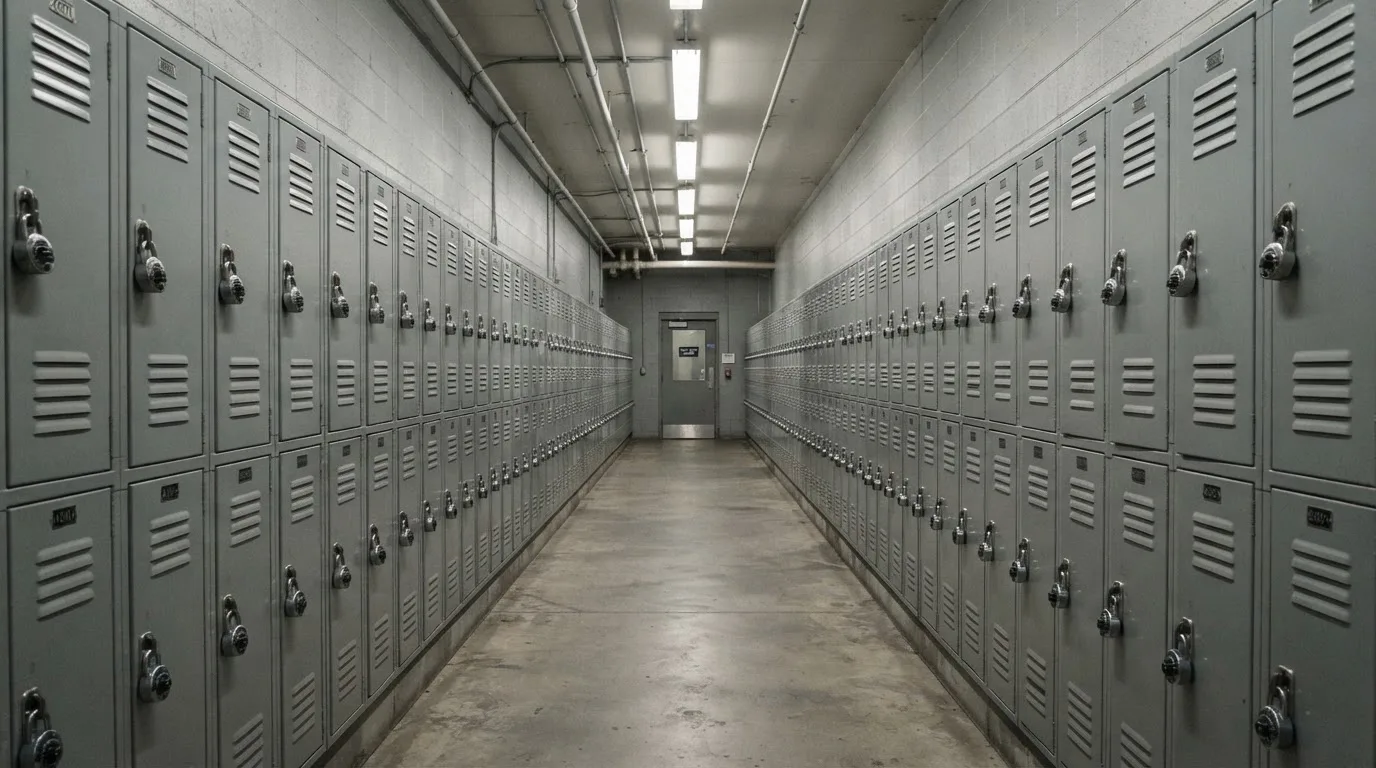 Un șir de dulapuri metalice încuiate pe un coridor lung, luminat de neoane palide — promoții de cazinou în românia