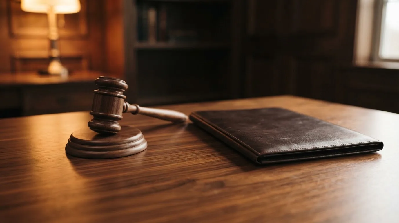 Un ciocan de judecător lângă un dosar de piele închis, pe o masă de nuc lustruit — ripple cazinou în romania