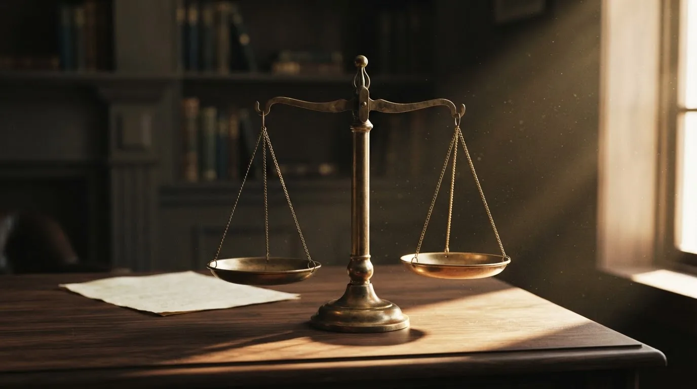 O balanță de alamă pe un birou de lemn, în lumina piezișă a unei ferestre înalte — ruletă cu bonus în românia