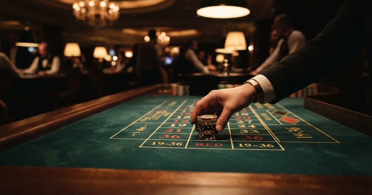 Mâini de crupier aranjând jetoane pe o masă de poker, în lumina unui spot — ruletă europeana în românia