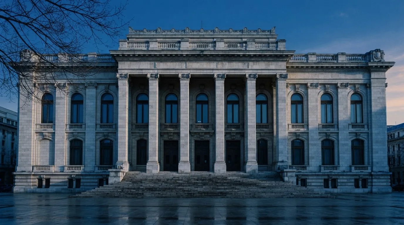 Fațada de piatră a unei clădiri guvernamentale din București, în lumina rece a zorilor — ruletă europeana în românia