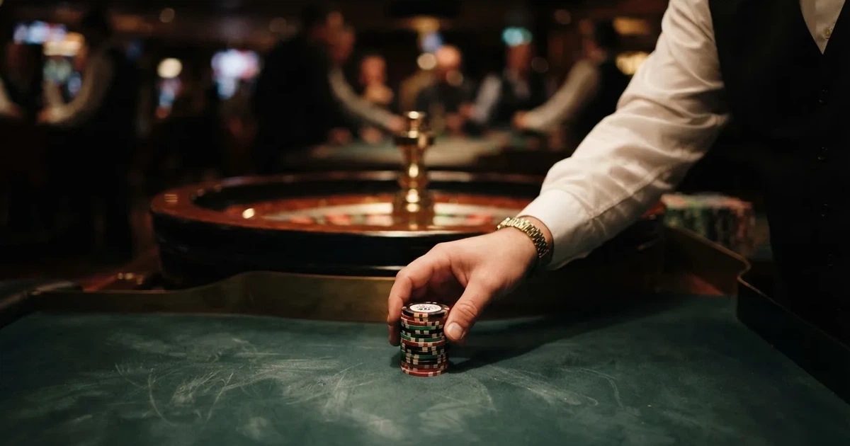 Mâini de crupier aranjând jetoane pe o masă de poker, în lumina unui spot — ruletă reguli pentru români