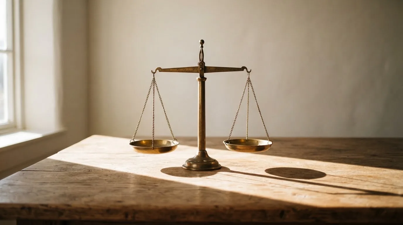 O balanță de alamă pe un birou de lemn, în lumina piezișă a unei ferestre înalte — sloturi cu bonus în românia
