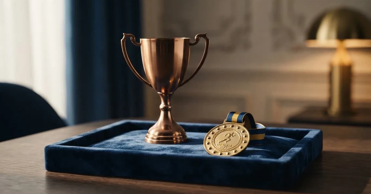 O cupă de bronz și o medalie aurie așezate pe o tavă de catifea albastră — top cazinouri în romania