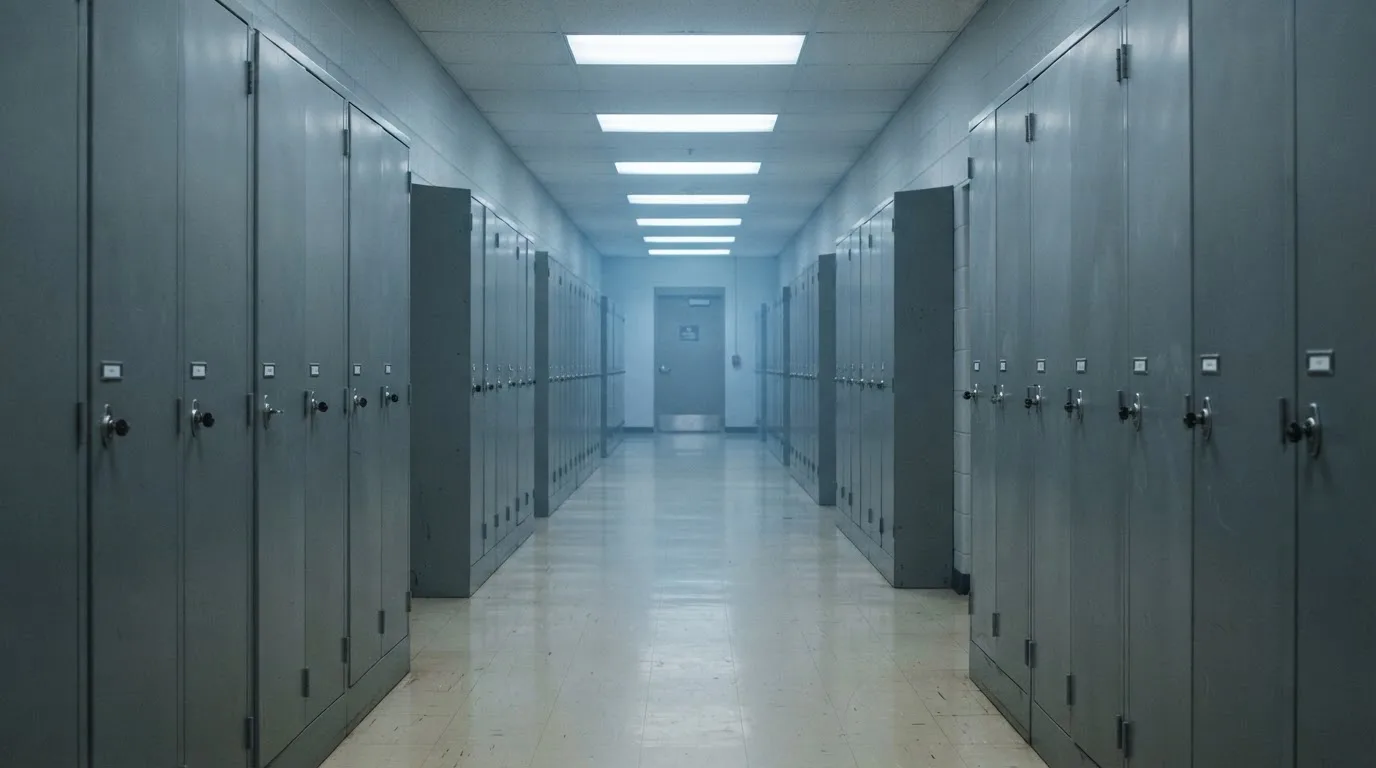 Un șir de dulapuri metalice încuiate pe un coridor lung, luminat de neoane palide — vip cazinouri în romania